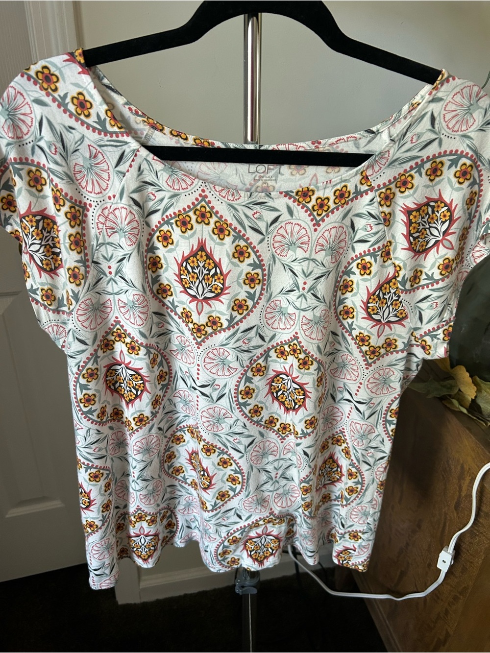 LOFT White Short Sleeve Top with Multicolor Floral Paisley Print